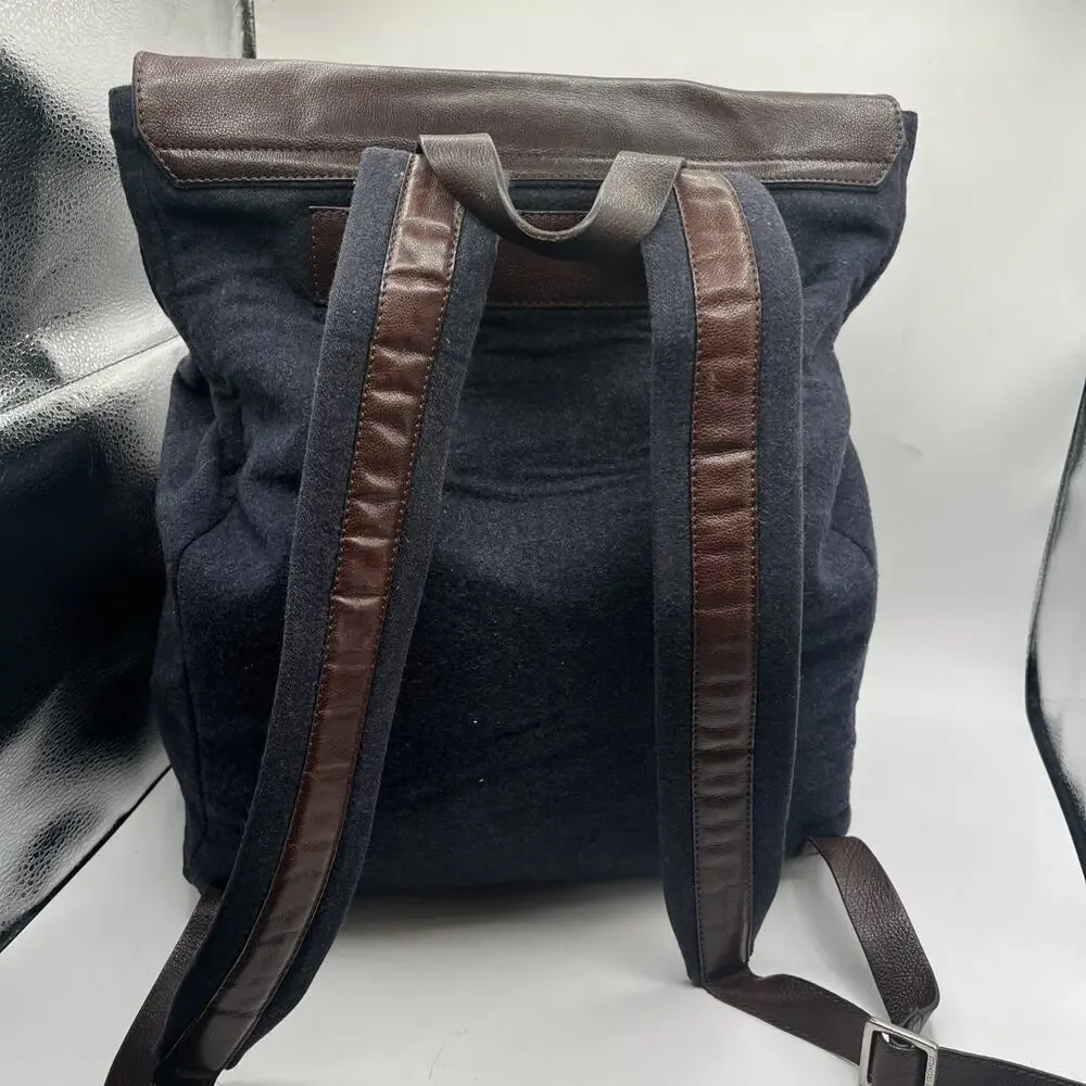 Brunello Cucinelli travel backpack Brown Leather Blue Wool Vintage Italy Rare